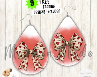 Heart Ribbon Bow Teardrop Earrings PNG: Croquette Bow Sublimation Design (Digital Download)