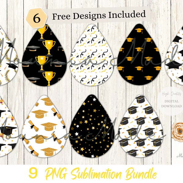 Graduation Bundle Set of 9 Earrings Sublimation Design PNG, Senior Teardrop Designs, Grad Cap Sublimation, Instant Digital Download