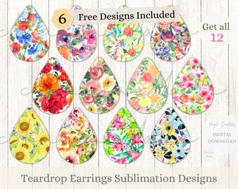 12 Watercolor Flowers Earrings Sublimation Designs PNG Bundle, Teardrop Earring Template, Sublimation, Instant Digital Download