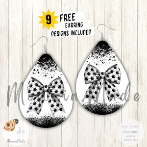 Soccer Earrings Sublimation PNG, Coquette Soccer Teardrop Earrings Template, Bow Sublimation Design, Instant Digital Download, Cheer Mom