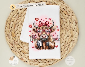 Highland Cow Kitchen Towel Sublimation Design with Heart Glasses (Digital Download)