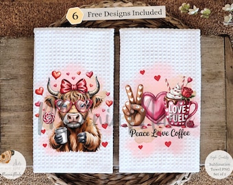 Highland Cow Coffee Kitchen Towel Bundle Set of 2 Sublimation Designs (Digital Download)