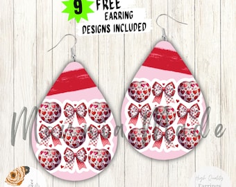 Heart Disco Bow Teardrop Earrings PNG: Pink Glitter Bow Sublimation Design (Digital Download)