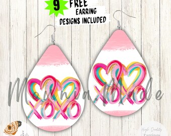 XOXO Teardrop Earrings PNG: Colorful Heart Brush Sublimation Design (Digital Download)