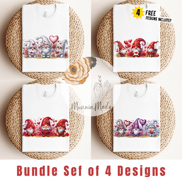 Love Gnomes PNG Bundle Set of 4, Gnome T-shirt Sublimation Designs, Instant Digital Download, Hearts, Cute Gnomes Set PNG, Gnome Sublimation