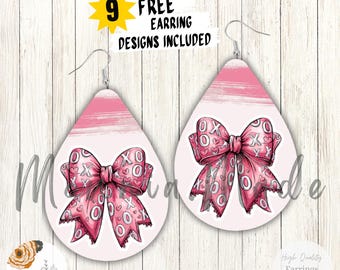 Pink Coquette Bow Teardrop Earrings Sublimation Design (PNG Digital Download)