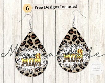 Boucles d'oreilles maman softball Sublimation Design PNG, boucle d'oreille en forme de larme softball, sublimation de boucles d'oreilles sport, guépard téléchargement numérique instantané