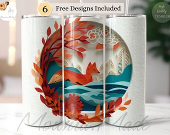 3D Fox - Skinny Tumbler Wrap PNG 20 Oz, 3D Fall Leaves Fox Tumbler Designs, Straight, Tapered, PNG 300DPI - Instant Digital Download