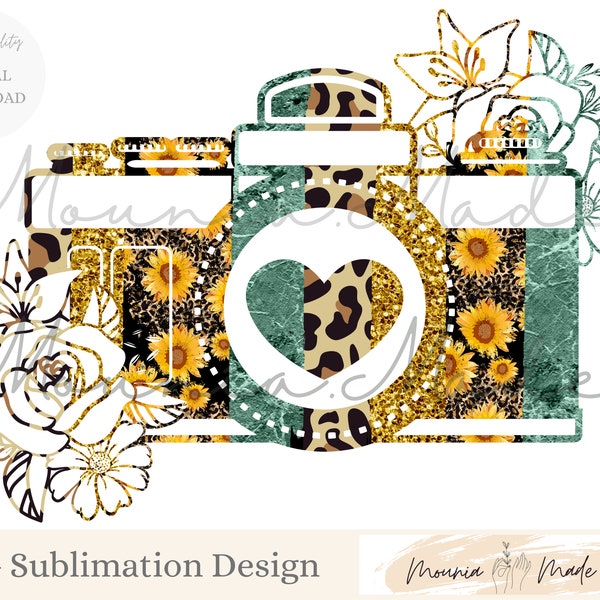 Sunflower Cheetah Photography Camera PNG, Sublimation Design, Sublimation Printable, Leopard Design, Instant Digital Download