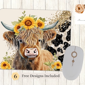Highland Cow - Mouse Pad Sublimation Design PNG, Cowhide Computer Mouse Pad, Sunflower Glitter Sublimation, Instant Digital Download