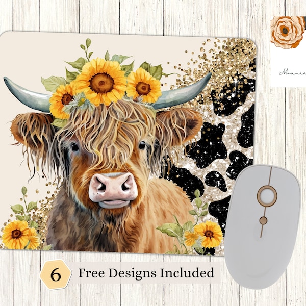 Highland Cow Mouse Pad Sublimation Design – Sunflower Glitter (Digital Download)