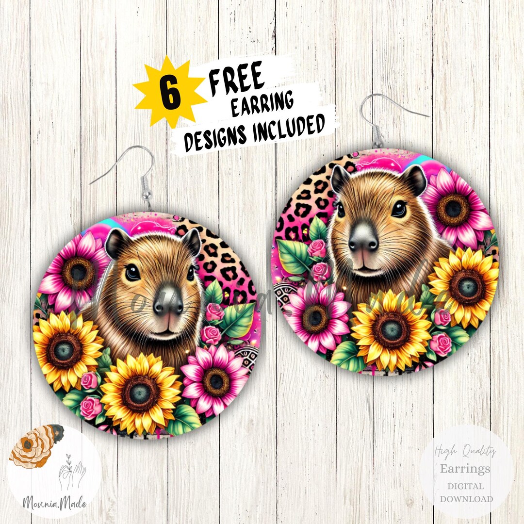 Cute Capybara Earrings Sublimation Design PNG, Round Earrings Template ...