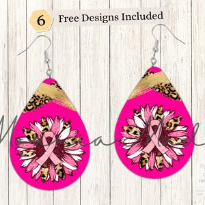 Breast Cancer Sunflower Earring Sublimation Design PNG, Pink Ribbon Teardrop Earring Template, Cheetah Sublimation, Instant Digital Download