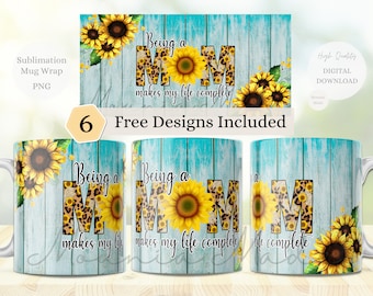 Tazza con scritta "Girasole Mamma" realizzata con stampa a sublimazione (download digitale)