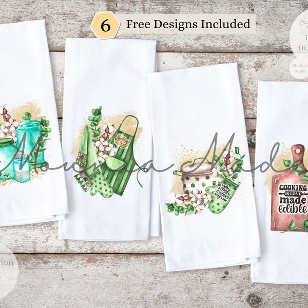 Kitchen Towel Set of 4 Sublimation Design PNG, Cotton Flower Plant Design, Kitchen Tea Towel Bundle Sublimation, Instant Digital Download