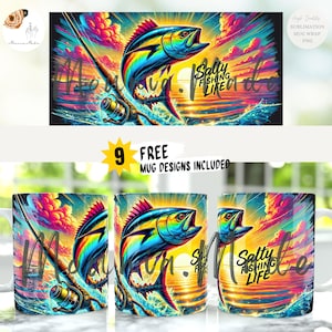 Saltwater Fishing Mug Wrap, 11 & 15 Oz Sublimation Coffee Mug PNG, Fisherman Deep Sea Fishing Life Mug Press Digital Design Download