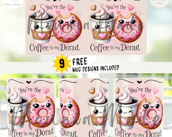 Kawaii Coffee & Donut Mug Wrap – Cute Couple Design (PNG Digital Download)