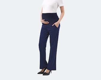 Maternity Pants Comfortable Stretch Over-Bump Women Pregnancy Casual Capris Dress Slacks for Work Professional Extra Long Navy by Alina Mae