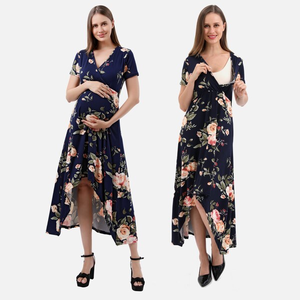 Navy Floral Short Sleeve Maternity Wrap Dress