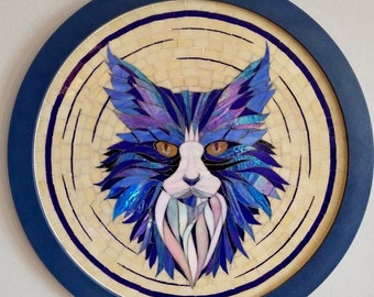 Blue Cat Glass Mosaic Art, Blue Cat wall decor, Modern personal technique