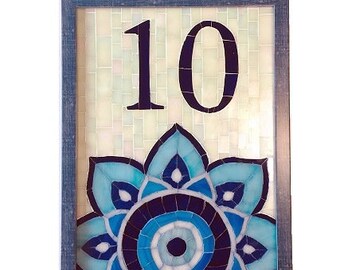 Numero civico personalizzato Mosaico di vetro in stile Evil Eye, indirizzo, segno di casa, targa del nome