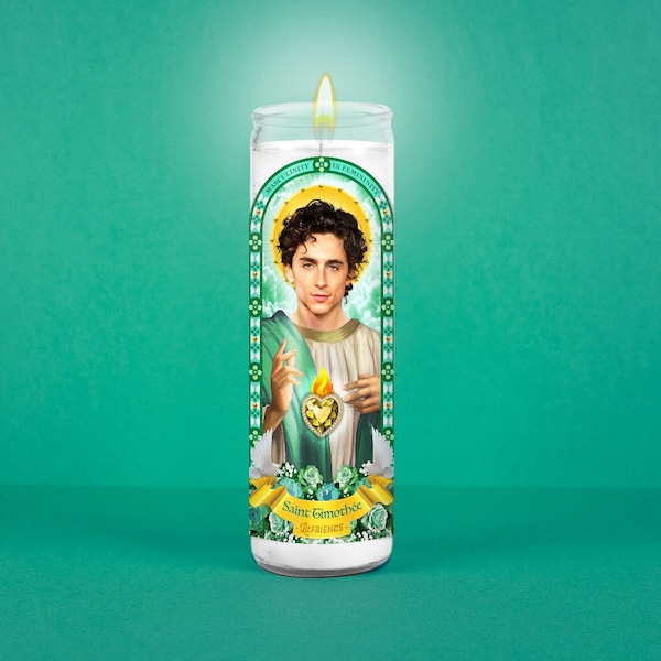 Saint Timothée Celebrity Prayer Candle: Non Scented | 8 inch Glass Prayer Votive - 100% Handmade in USA | Funny Gift Idea