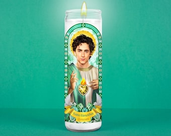 Saint Timothée Celebrity Prayer Candle: Non Scented | 8 inch Glass Prayer Votive - 100% Handmade in USA | Funny Gift Idea