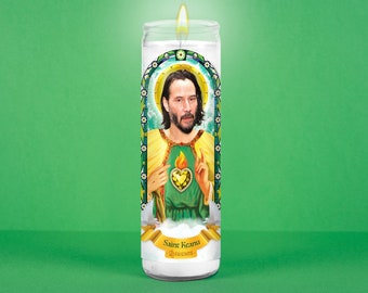 Saint Keanu Celebrity Prayer Candle: Non Scented | 8 inch Glass Prayer Votive - 100% Handmade in USA | Funny Gift Idea