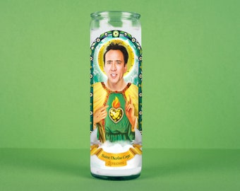 Saint Nicolas Cage Celebrity Prayer Candle: Non Scented | 8 inch Glass Prayer Votive - 100% Handmade in USA | Funny Gift Idea