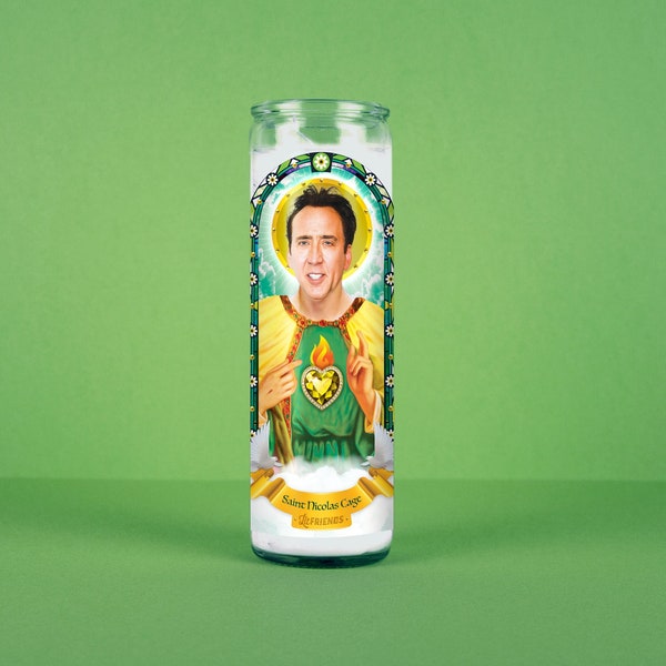 Saint Nicolas Cage Celebrity Prayer Candle: Non Scented | 8 inch Glass Prayer Votive - 100% Handmade in USA | Funny Gift Idea