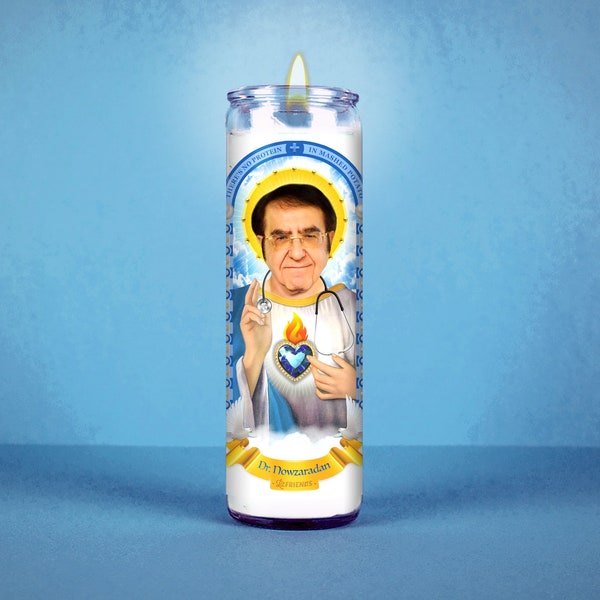 Saint Dr. Nowzardan Celebrity Prayer Candle: Non Scented | 8 inch Glass Prayer Votive - 100% Handmade in USA | Funny Gift Idea