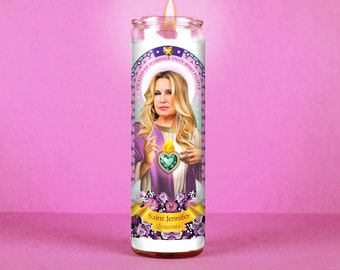 Saint Jennifer Coolidge Celebrity Prayer Candle: Non Scented | 8 inch Glass Prayer Votive - 100% Handmade | Funny Gift Idea