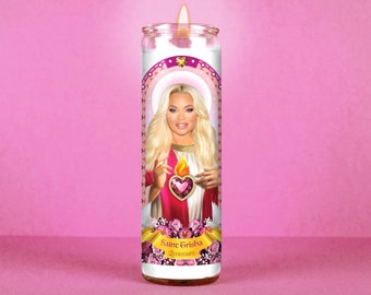 Saint Trisha Celebrity Prayer Parody Candle: Non Scented | 8 inch Glass Prayer Votive - 100% Handmade in USA | Funny Gift Idea