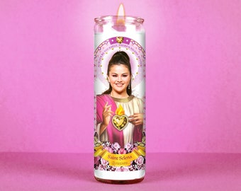 Saint Selena Gomez Celebrity Prayer Candle: Non Scented | 8 inch Glass Prayer Votive - 100% Handmade in USA | Funny Gift Idea