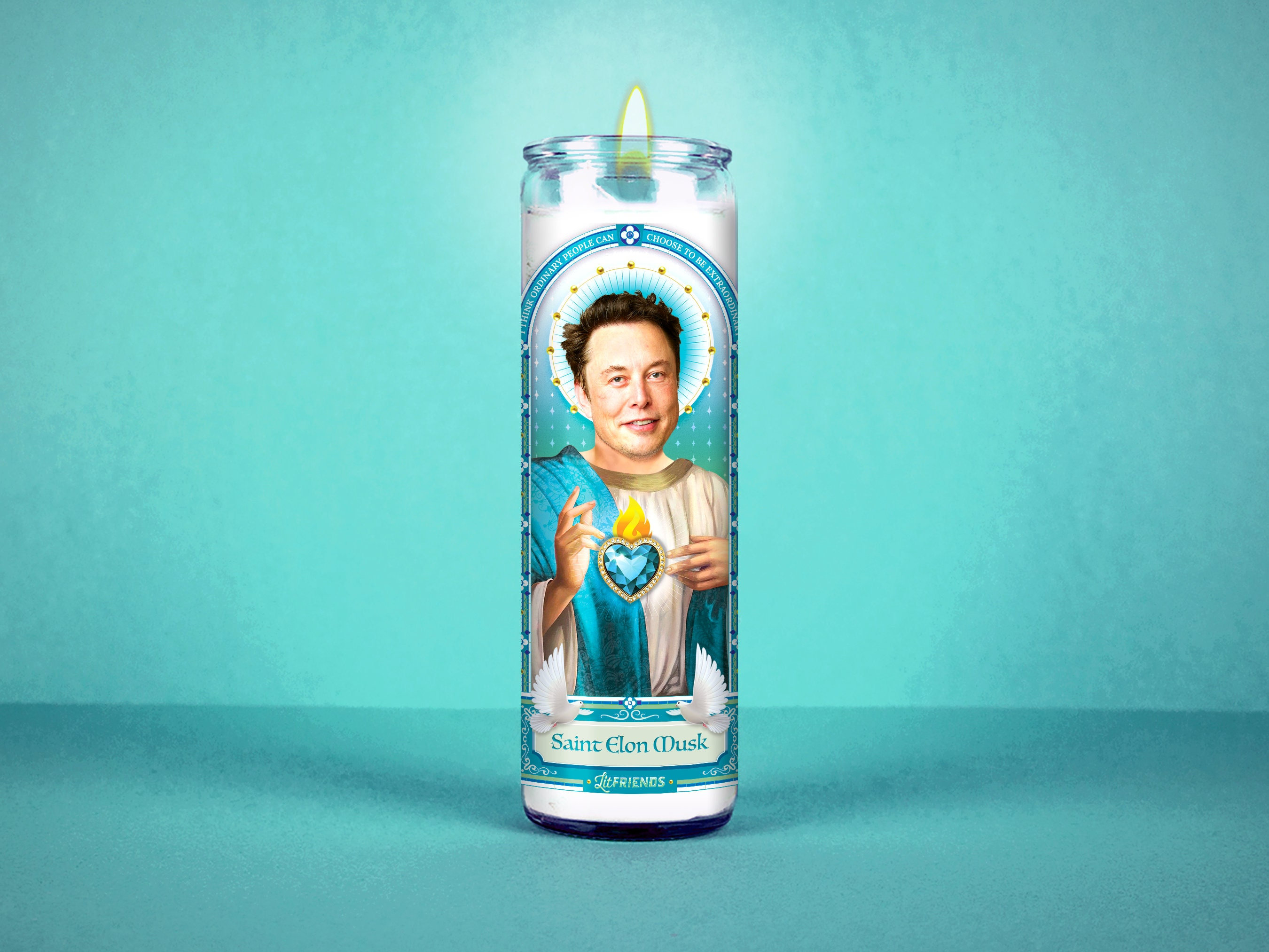 Saint Elon Celebrity Prayer Candle: Non Scented | 8 inch Glass Prayer Votive - 100% Handmade | Funny Gift Idea