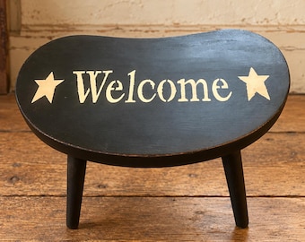 Kidney-Shaped Welcome Stool, Refinished Black Wood, Hand-Painted Primitive Decor