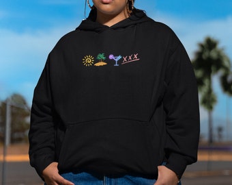 May include: A black hoodie with a sun, palm trees, a cocktail glass, and the text "XXX" in neon colors.
