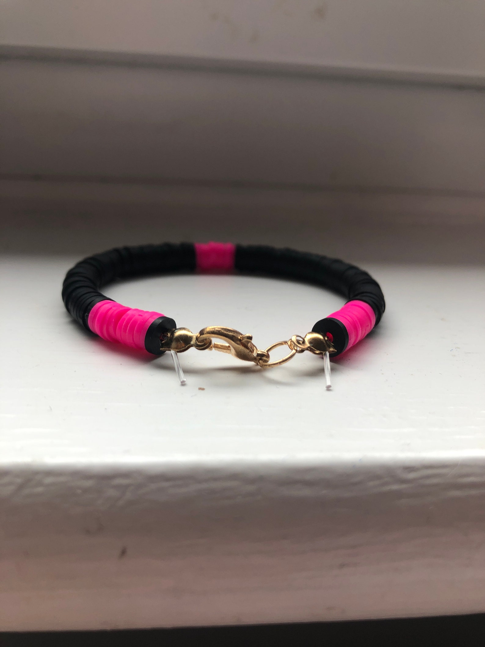 Black and Neon Pink Flat Bead Bracelet - Etsy UK