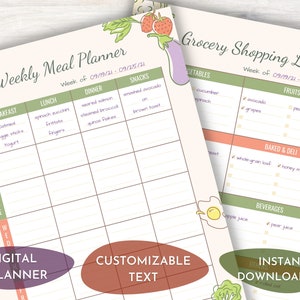 Customizable Weekly Meal Planner & Grocery Shopping List - Baby Led Weaning Meal Planner - Editable Digital Printable Template