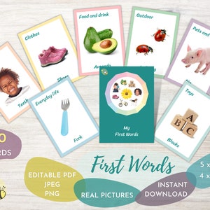 FIRST WORDS (80) | Real Picture | Editable Cards| Body parts, Clothes, Everyday life, Food, Drink, Outdoor, Pets, Animals, Toys, Vehicles