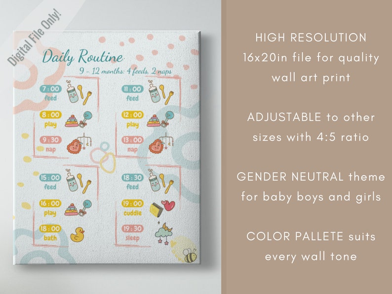 EDITABLE Baby Daily Routine Wall Art 9 12M 4 Time Block Schedule Feed