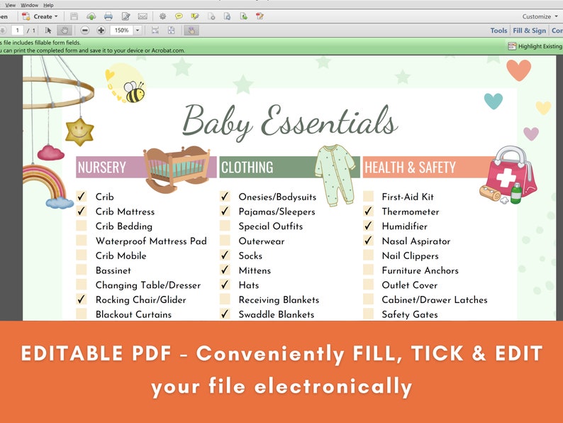 Puede incluir: Una lista de verificaci&oacute;n en PDF imprimible titulada "Baby Essentials" con secciones para guarder&iacute;a, ropa y salud y seguridad. La lista de verificaci&oacute;n incluye elementos como cuna, bodies y botiqu&iacute;n de primeros auxilios. Tambi&eacute;n est&aacute; presente el texto "EDITABLE PDF - Conveniently FILL, TICK & EDIT your file electronically".