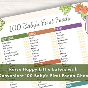May include: A printable checklist for introducing 100 baby's first foods, organized by category: vegetables, starch, fruits, protein, and dairy. The checklist includes a variety of common foods for babies, with checkboxes next to each item.