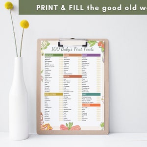 May include: A printable checklist titled "100 Baby's First Foods" with a brown background and colorful illustrations of food. The checklist is divided into categories: Vegetables, Starch, Fruits, Protein, Herbs & Spices, Dairy, Allergens.