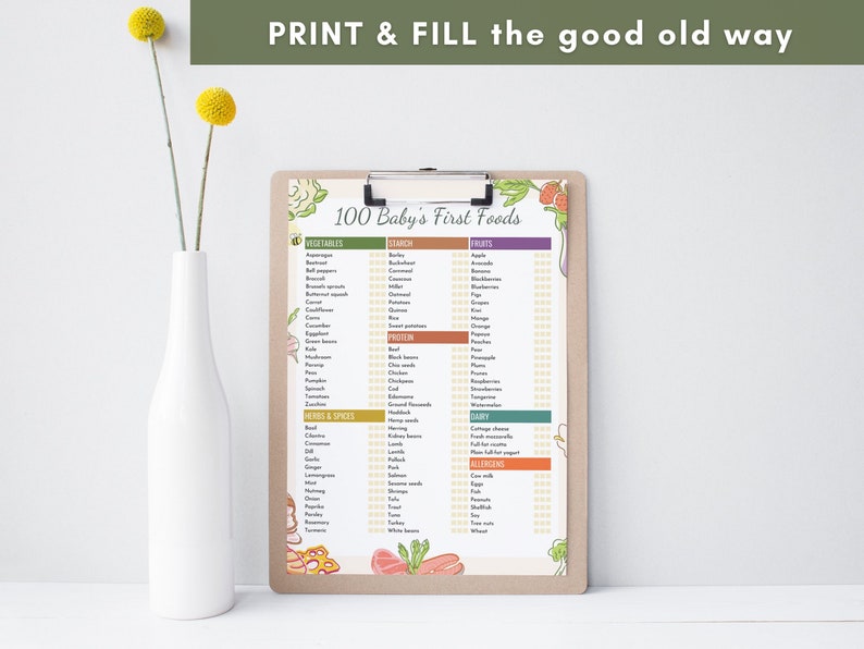 May include: A printable checklist titled "100 Baby's First Foods" with a brown background and colorful illustrations of food. The checklist is divided into categories: Vegetables, Starch, Fruits, Protein, Herbs & Spices, Dairy, Allergens.