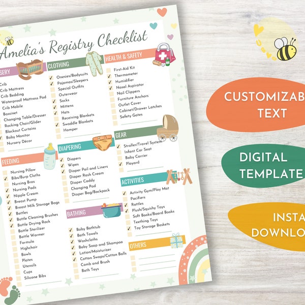 Baby Registry Essentials Checklist - Customizable Fillable Printable PDF - Ultimate Baby Must Haves & Practical Newborn Gift Ideas