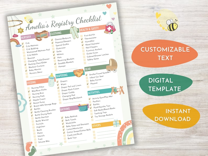 Puede incluir: Una lista de verificaci&oacute;n imprimible para el registro de beb&eacute;s titulada "Amelia's Registry Checklist". La lista incluye categor&iacute;as como guarder&iacute;a, ropa, salud y seguridad, y m&aacute;s. El dise&ntilde;o presenta un arco&iacute;ris y una abeja.