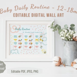 BEWERKBAAR | Baby Daily Routine Kunst aan de muur | 12 - 18M | 3 Time Block Schema | Feed Play Slaapdiagram | Genderneutraal | Kinderdagverblijf & Kinderdagverblijf Decor