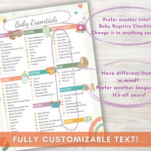 Puede incluir: Una lista de verificaci&oacute;n de art&iacute;culos esenciales para beb&eacute;s con categor&iacute;as como guarder&iacute;a, ropa y salud. El texto "Baby Essentials" est&aacute; en la parte superior. La lista incluye art&iacute;culos como cuna, pa&ntilde;ales y term&oacute;metro. El texto "FULLY CUSTOMIZABLE TEXT!" est&aacute; en la parte inferior.