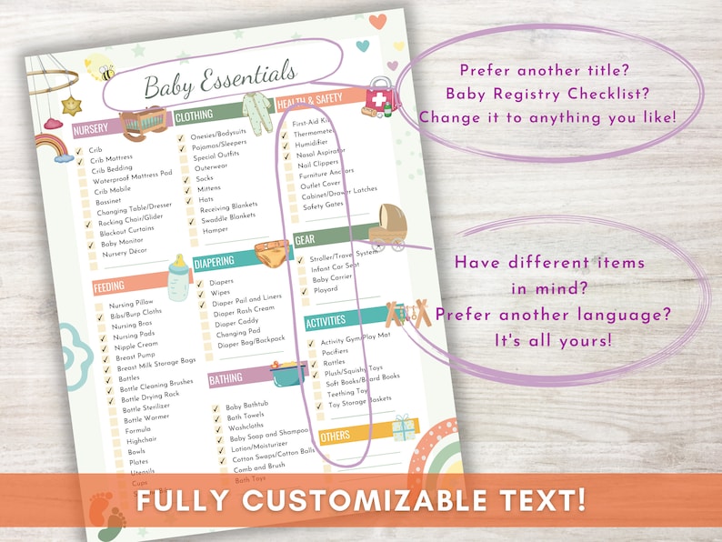 Puede incluir: Una lista de verificaci&oacute;n de art&iacute;culos esenciales para beb&eacute;s con categor&iacute;as como guarder&iacute;a, ropa y salud. El texto "Baby Essentials" est&aacute; en la parte superior. La lista incluye art&iacute;culos como cuna, pa&ntilde;ales y term&oacute;metro. El texto "FULLY CUSTOMIZABLE TEXT!" est&aacute; en la parte inferior.